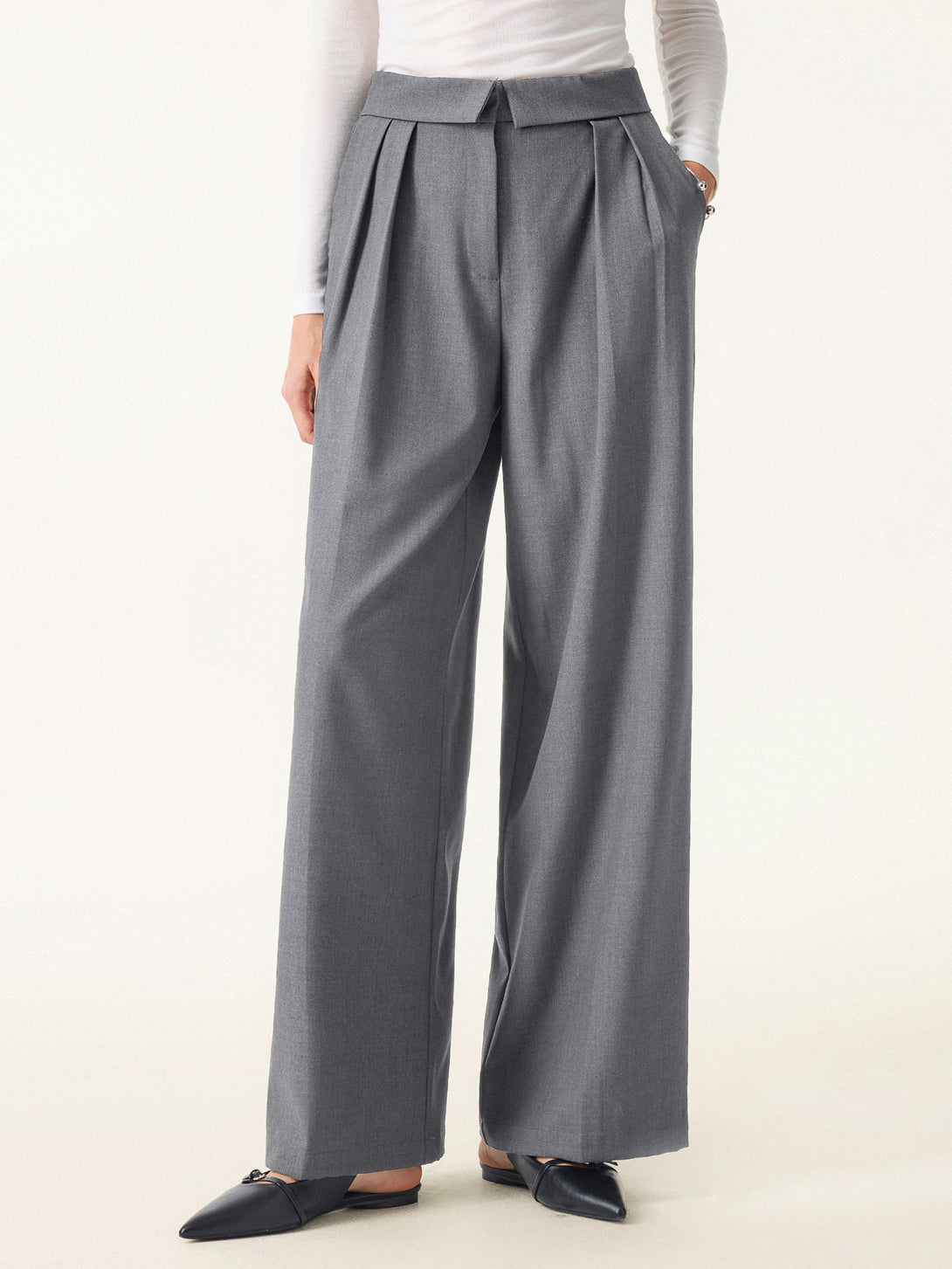Fold-Over Pleated Midi Rise Wide Leg Trousers with Pockets
