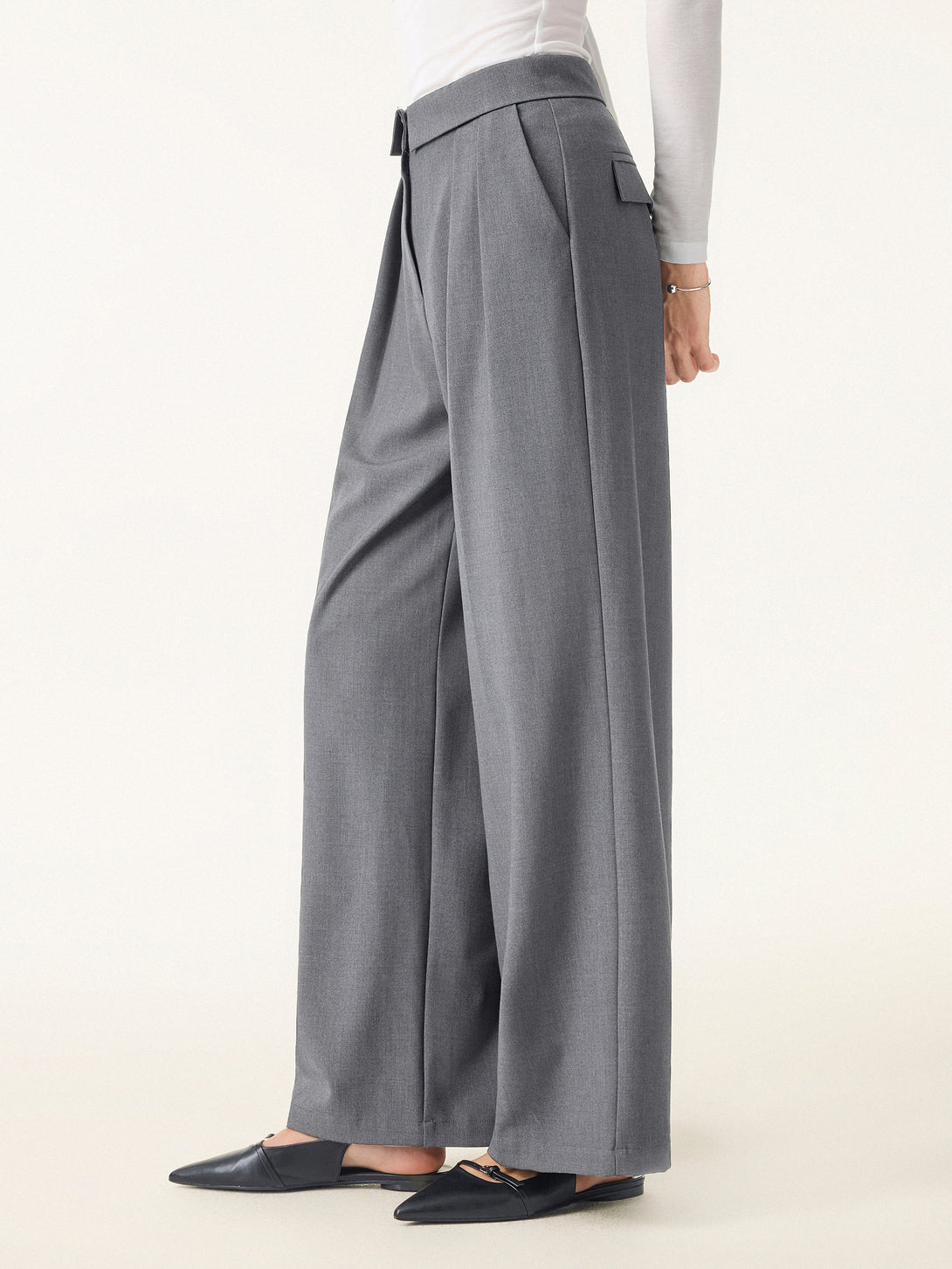 Fold-Over Pleated Midi Rise Wide Leg Trousers with Pockets