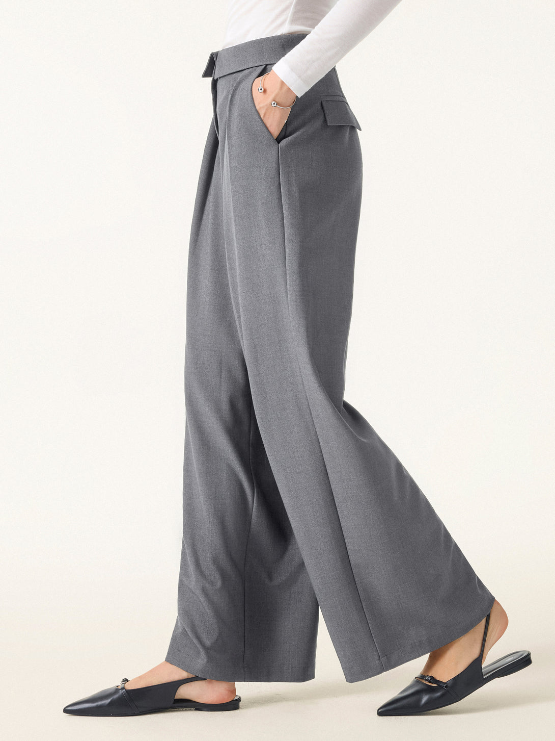 Fold-Over Pleated Midi Rise Wide Leg Trousers with Pockets