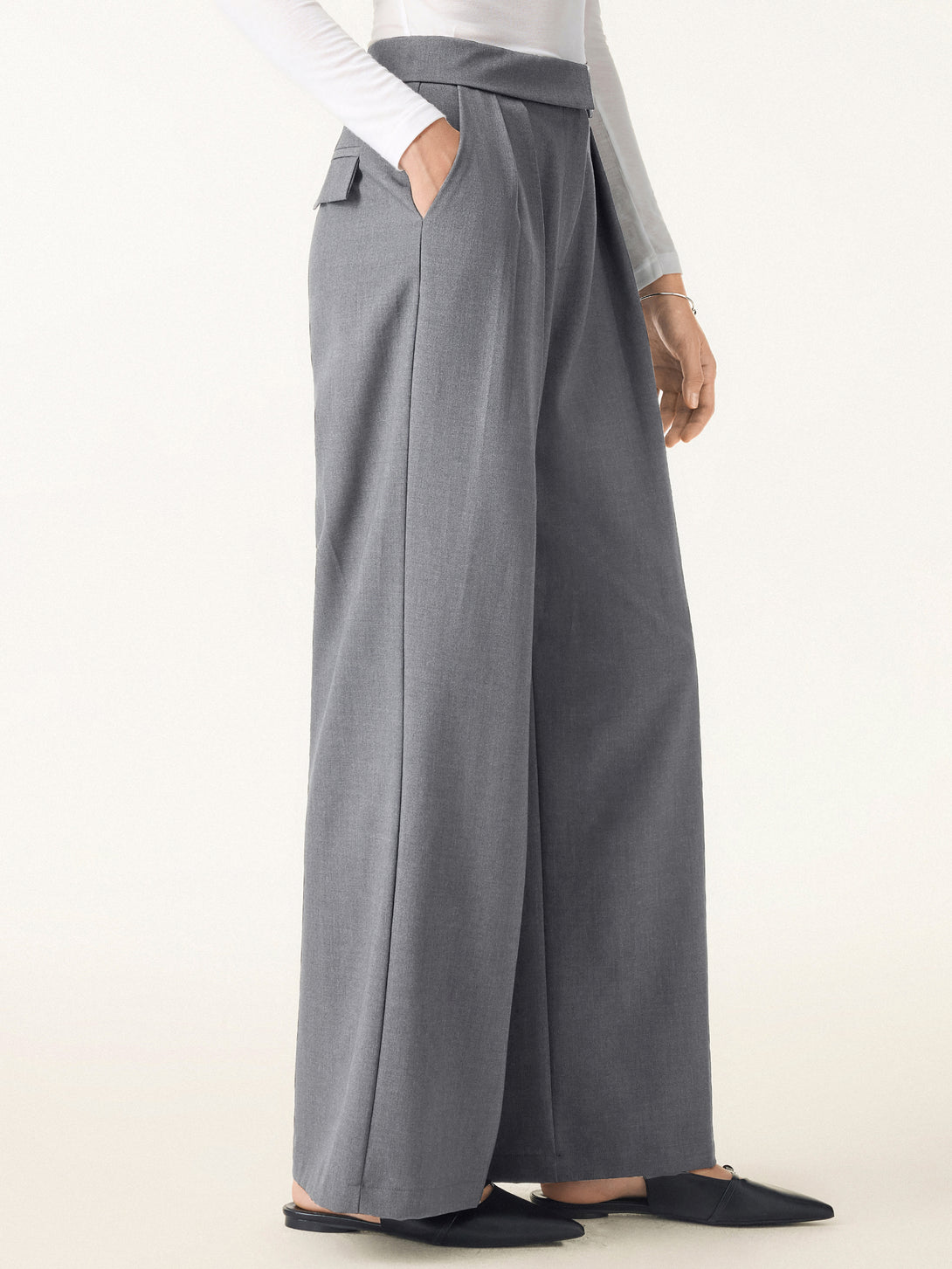 Fold-Over Pleated Midi Rise Wide Leg Trousers with Pockets