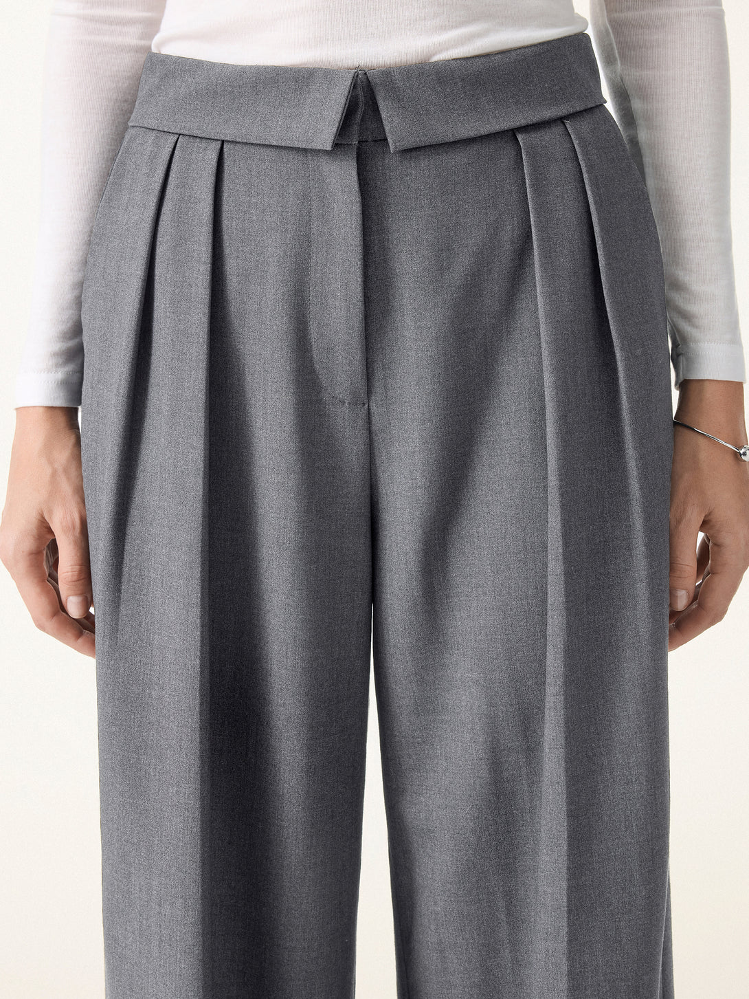 Fold-Over Pleated Midi Rise Wide Leg Trousers with Pockets
