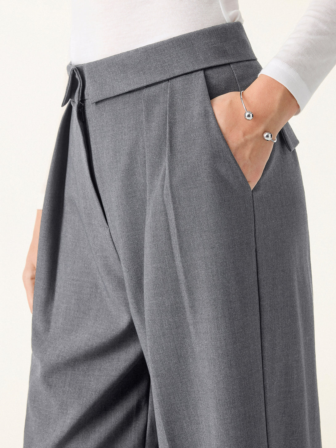 Fold-Over Pleated Midi Rise Wide Leg Trousers with Pockets