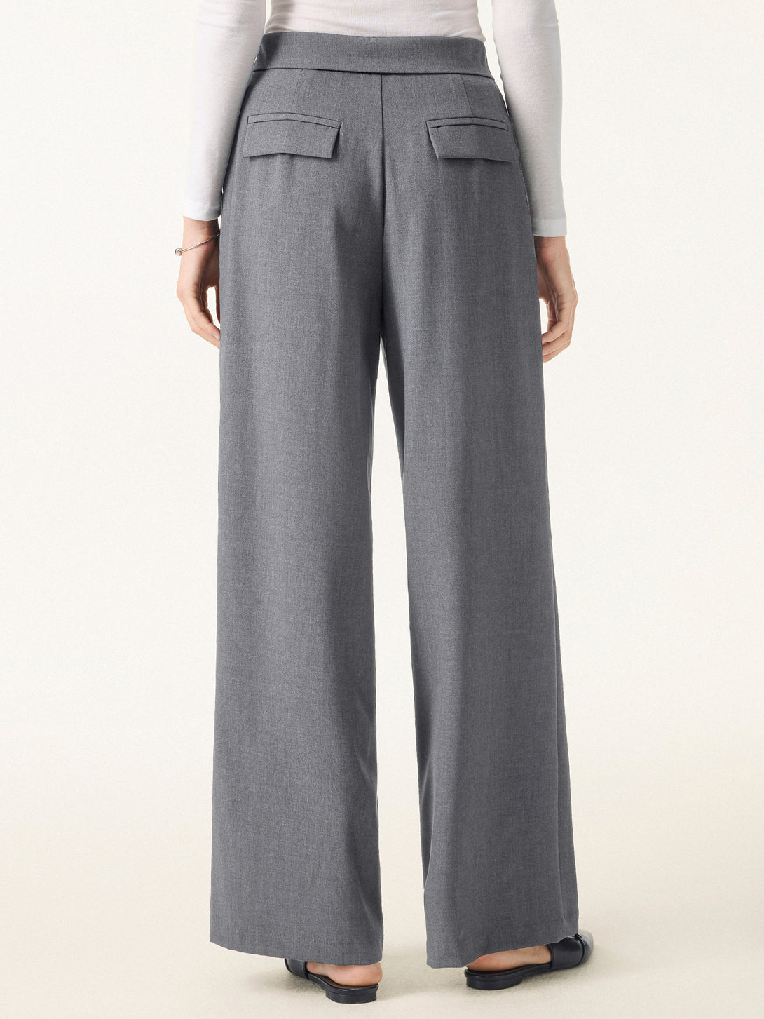 Fold-Over Pleated Midi Rise Wide Leg Trousers with Pockets