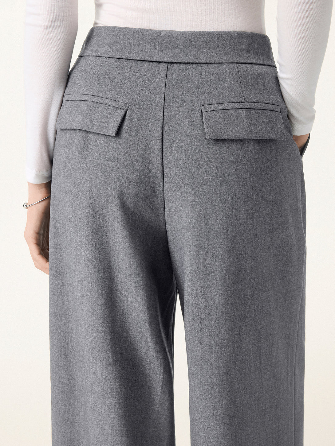 Fold-Over Pleated Midi Rise Wide Leg Trousers with Pockets