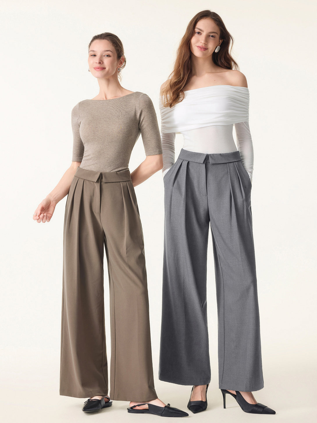 Fold-Over Pleated Midi Rise Wide Leg Trousers with Pockets