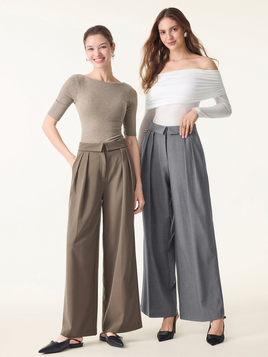 Fold-Over Pleated Midi Rise Wide Leg Trousers with Pockets