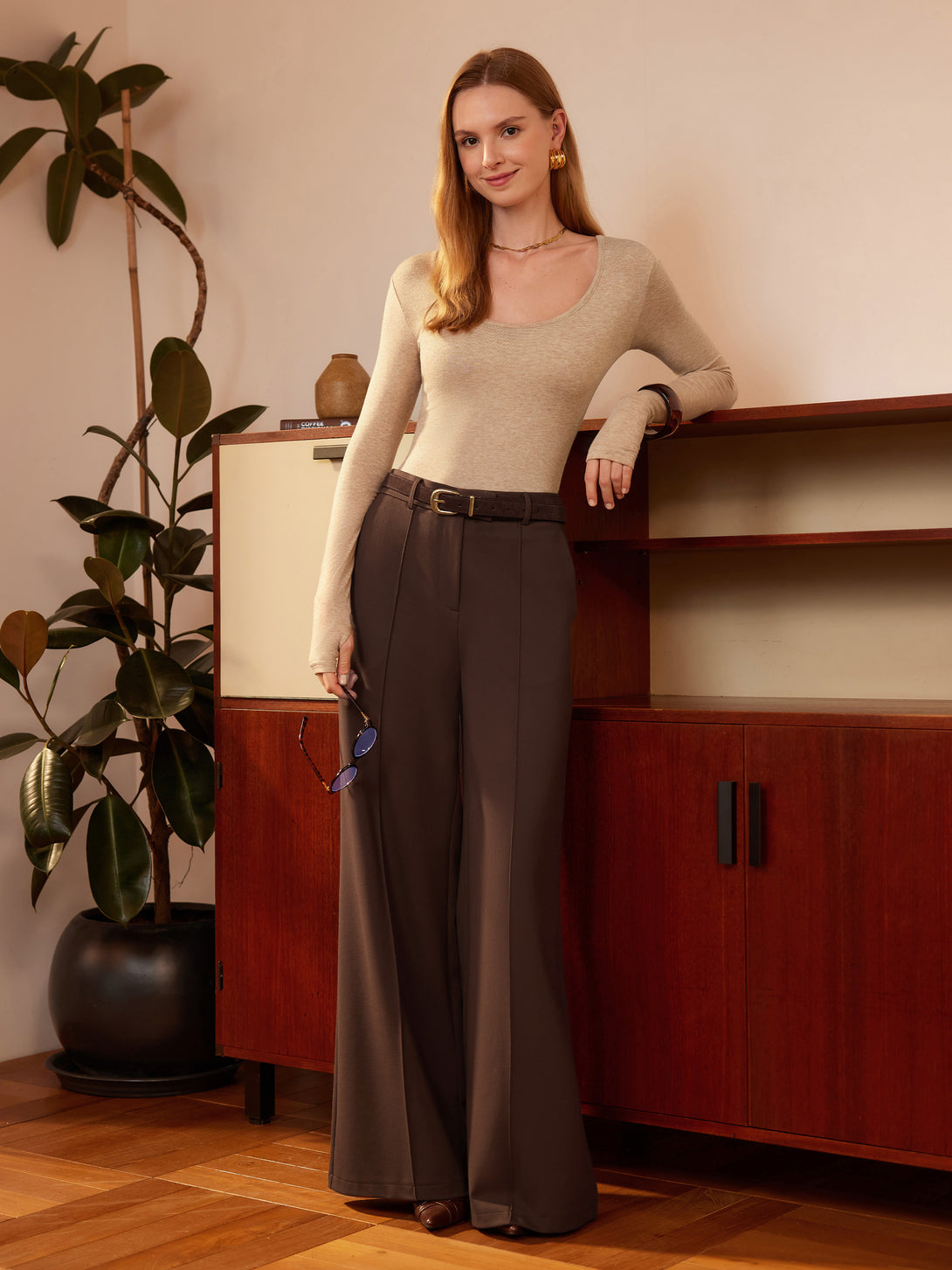Everyday Mid Rise Wide Leg Trousers with Pockets Regular Wood