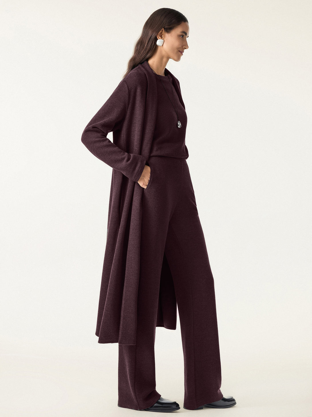 3Pcs Set Shawl Collar Cardigan & Crew Neck Top & Mid Rise Straight Leg Pants Ruby Berry XS