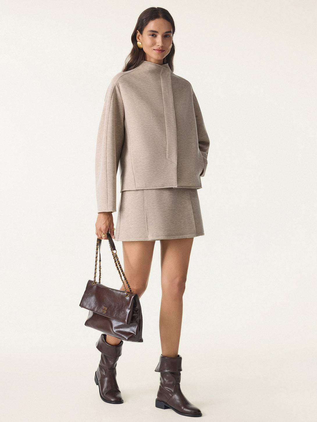 2Pcs Set Stand Collar Cropped Jacket & A-Line Pull on Skorts with Pockets