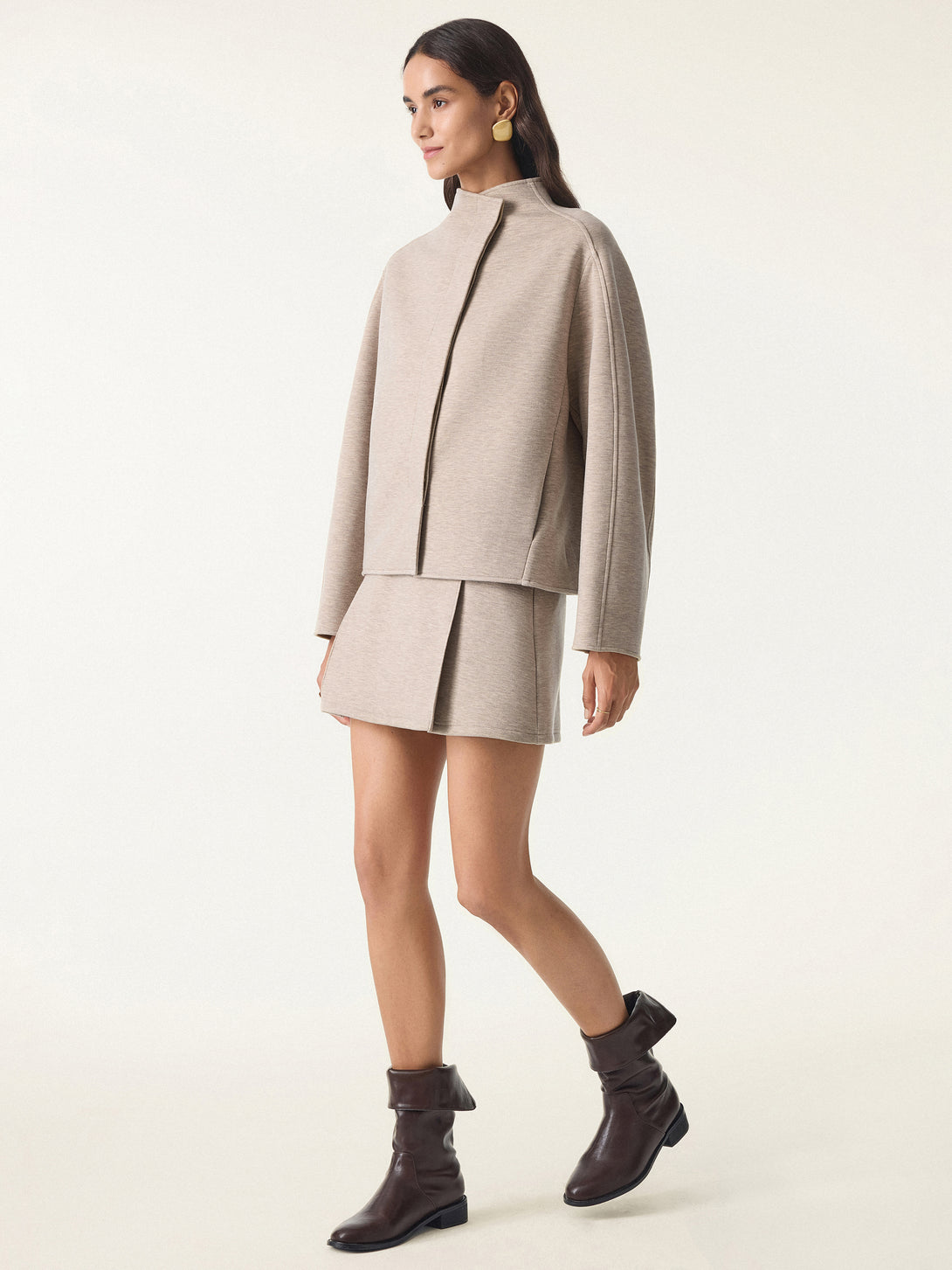 2Pcs Set Stand Collar Cropped Jacket & A-Line Pull on Skorts with Pockets