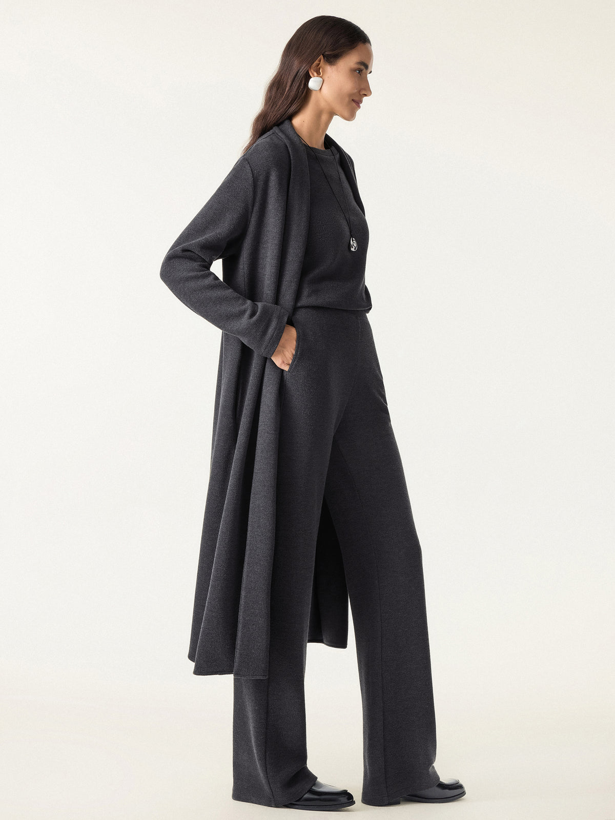 3Pcs Set Long Sleeve Midi Cardigan Pockets & Boatneck Long Sleeve Top & Wide Leg Pants Pockets
