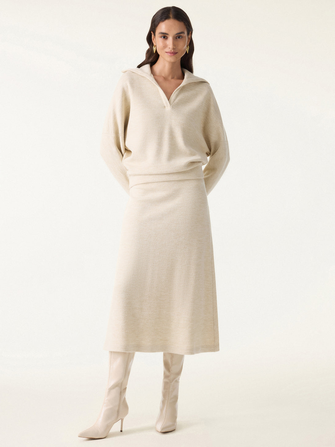 2Pcs Set Collared V-Neck Batwing Sleeve Pullover & Ribbed Midi Pull-on Skirt Heather Tan XS