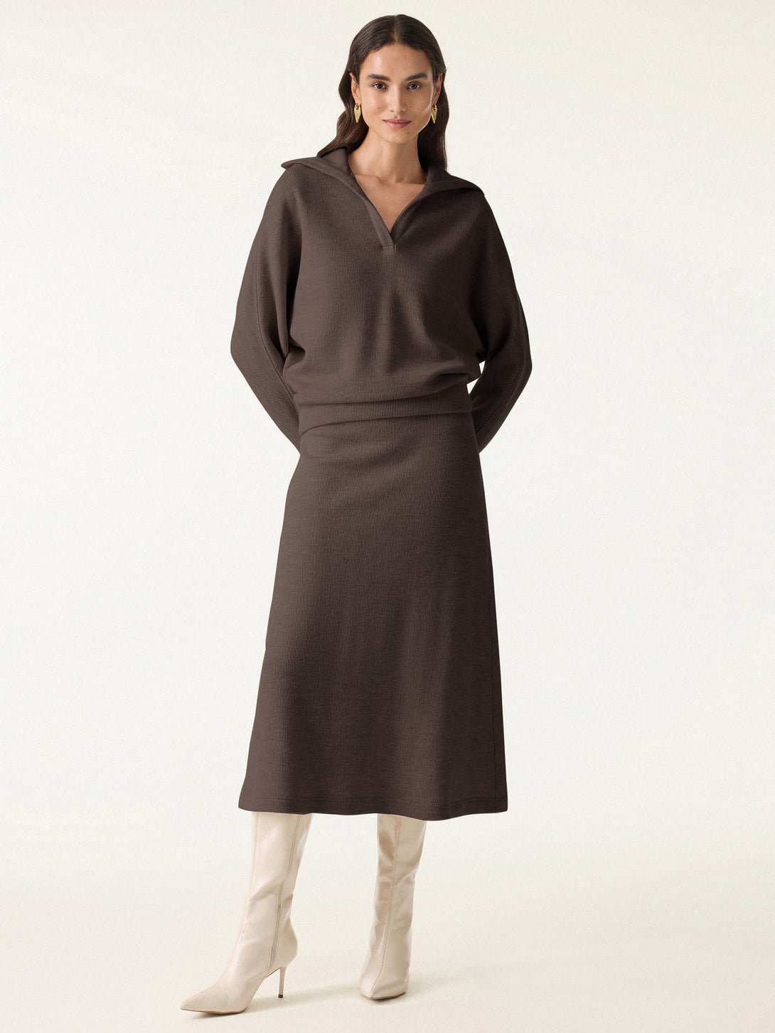 2Pcs Set Collared V-Neck Batwing Sleeve Pullover & Ribbed Midi Pull-on Skirt Black Chocolate XS
