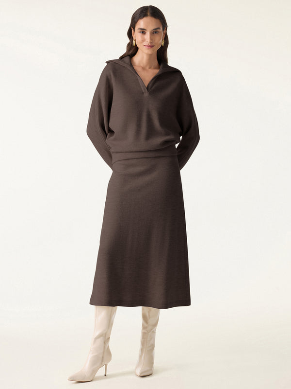 2Pcs Set Collared V-Neck Batwing Sleeve Pullover & Ribbed Midi Pull-on Skirt Black Chocolate XS