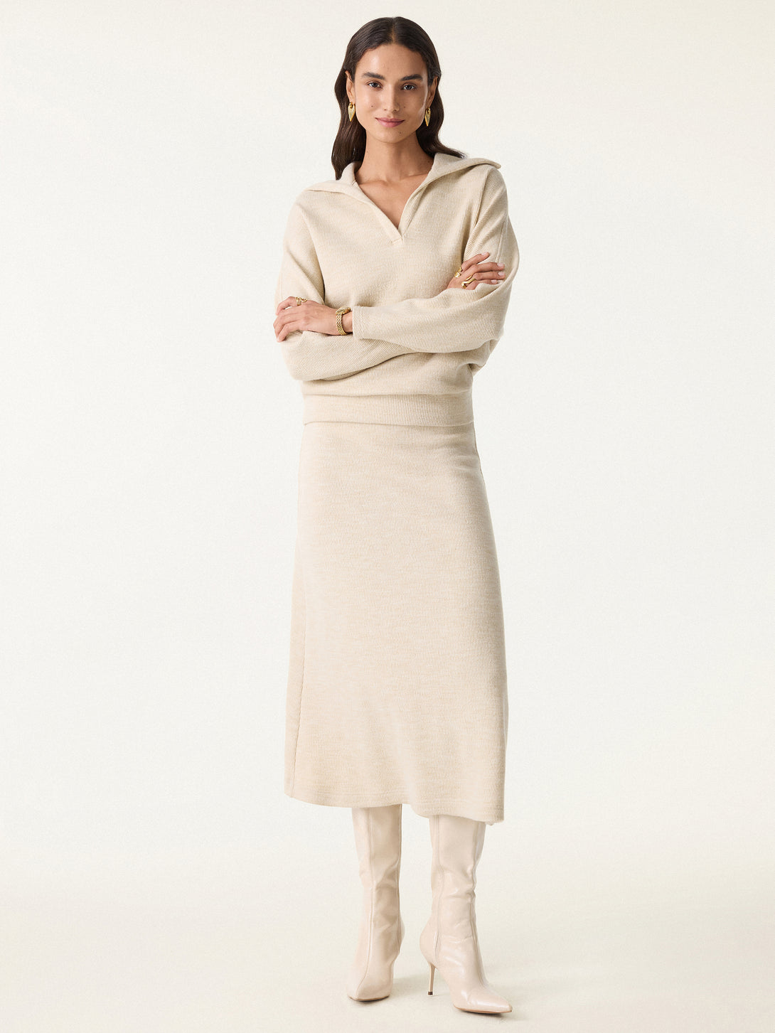 2Pcs Set Collared V-Neck Batwing Sleeve Pullover & Ribbed Midi Pull-on Skirt