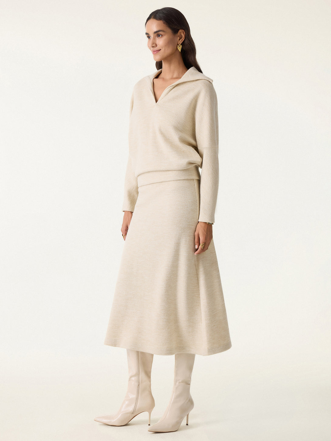 2Pcs Set Collared V-Neck Batwing Sleeve Pullover & Ribbed Midi Pull-on Skirt