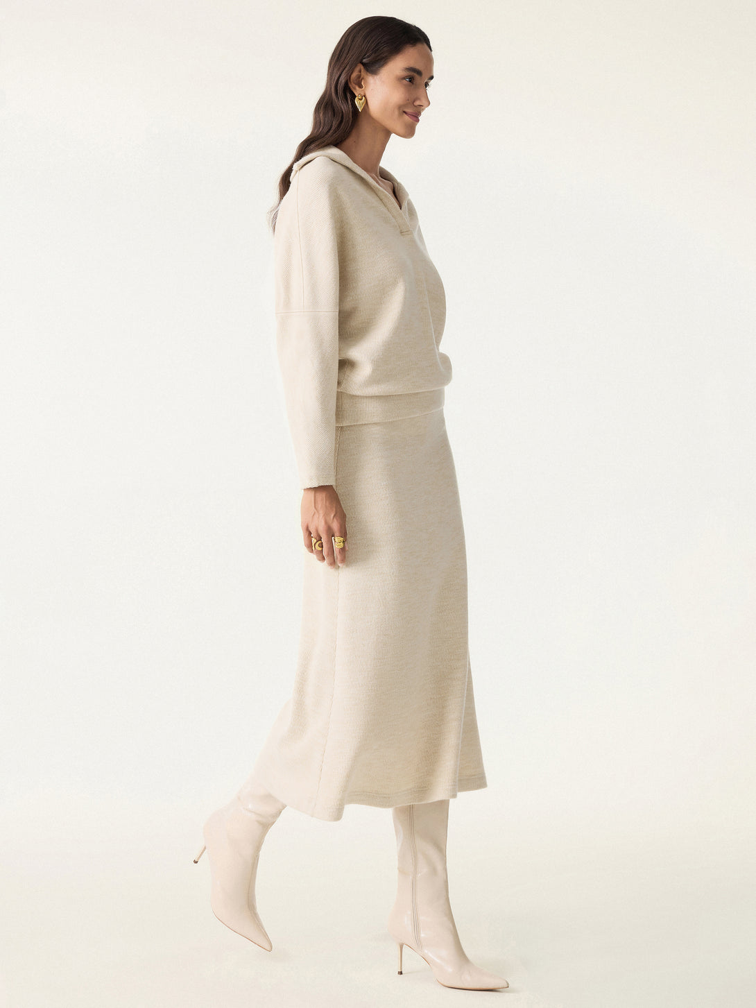 2Pcs Set Collared V-Neck Batwing Sleeve Pullover & Ribbed Midi Pull-on Skirt