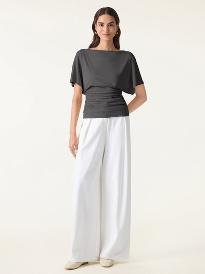 Effortless Boatneck Batwing Sleeve Side Ruched Top