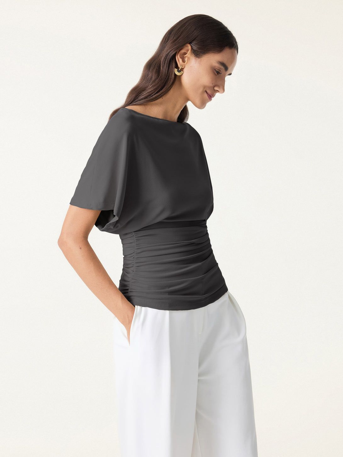 OGL Sandwashed Modal Boatneck Batwing Sleeve Ruched Top with Soft ...