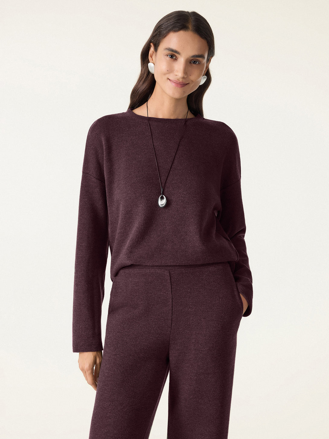 Relaxed Crew Neck Long Sleeve Top Ruby Berry XS