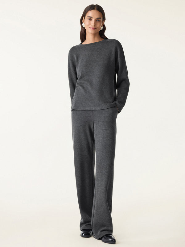 OGLmove 2Pcs Set Crew Neck Long Sleeve Top & Mid Rise Straight Leg Pants with Pockets Shadow XS