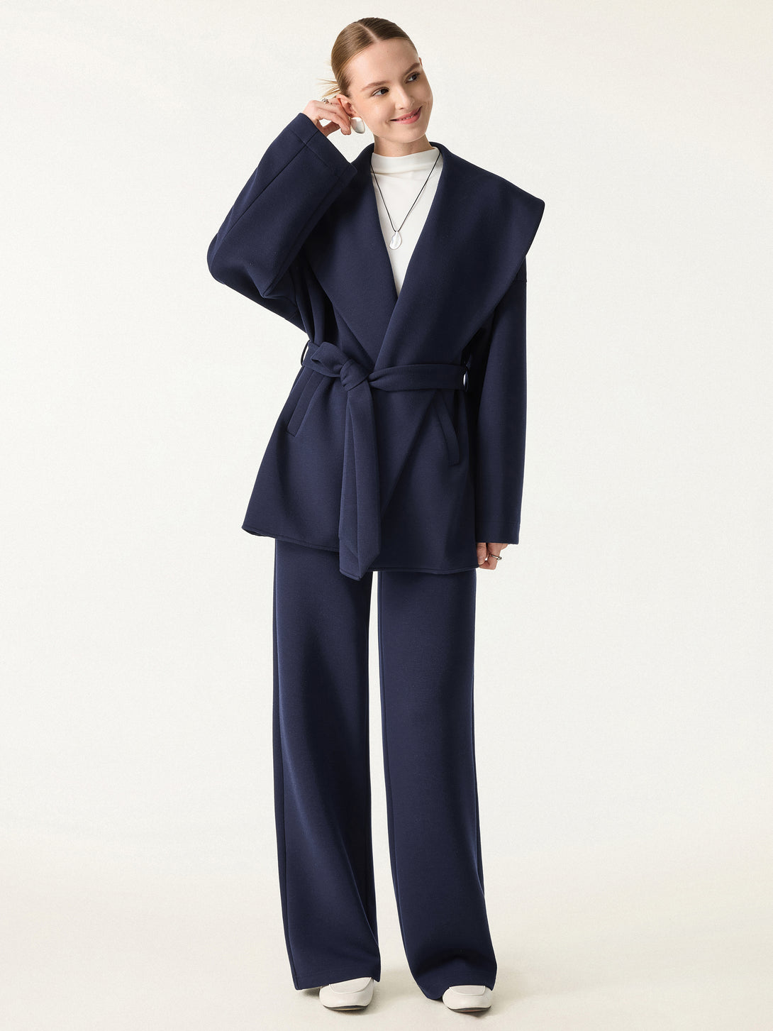 2Pcs Set Petite Straight Pants with Pockets & Belted Shawl Collar Robe Jacket