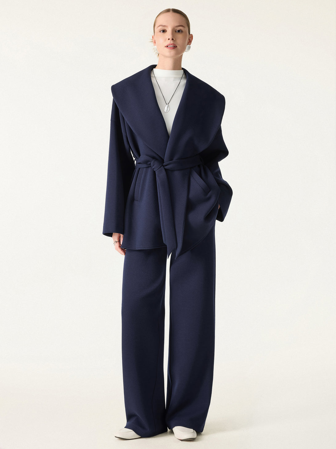 2Pcs Set Belted Shawl Collar Robe Jacket & Mid Rise Straight Pants with Pockets Universe Navy XS