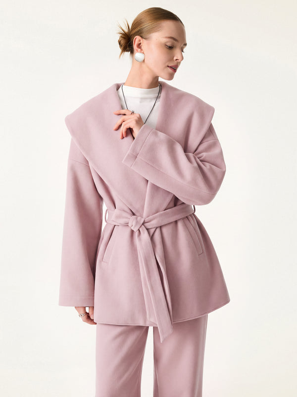 FuzzLuxe Draped Shawl Collar Long Sleeve Belted Jacket