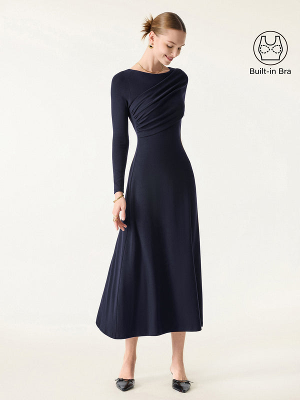 OGLmove Eco-Mousse® Boatneck Ruched A-Line Midi Bra Dress Smoky Navy XXS
