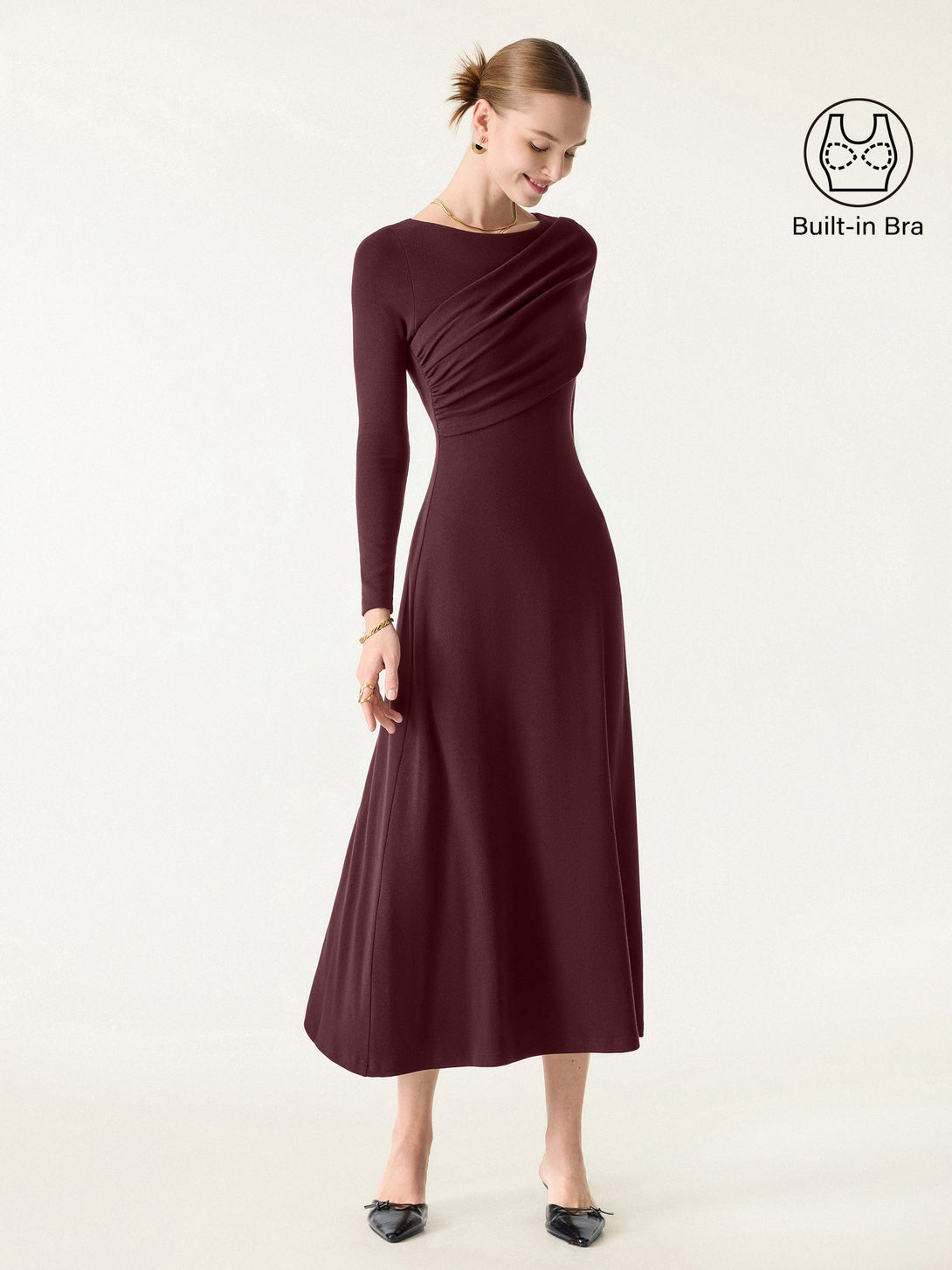Chic Boatneck Ruched Midi Brami Dress Ruby XS