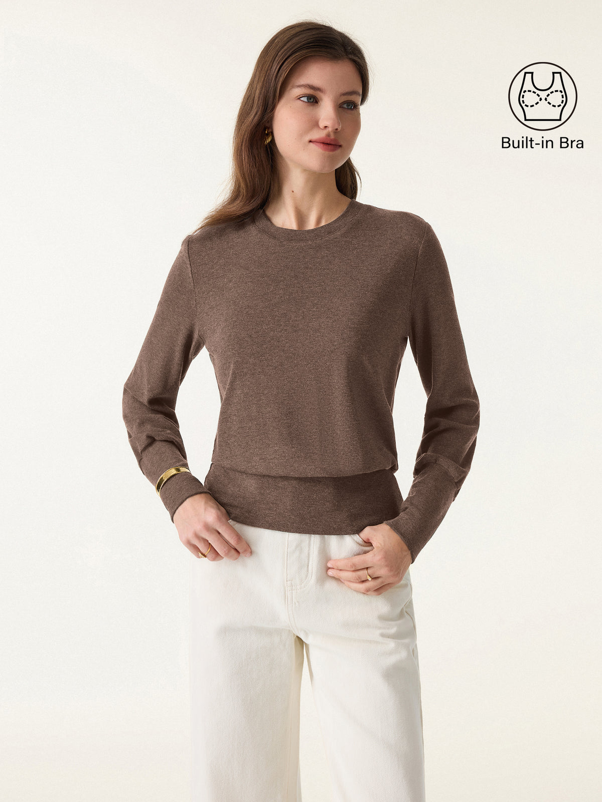 ProWarm Elevated Crewneck Brushed Built-In Bra Top 2.0 with Banded Hem