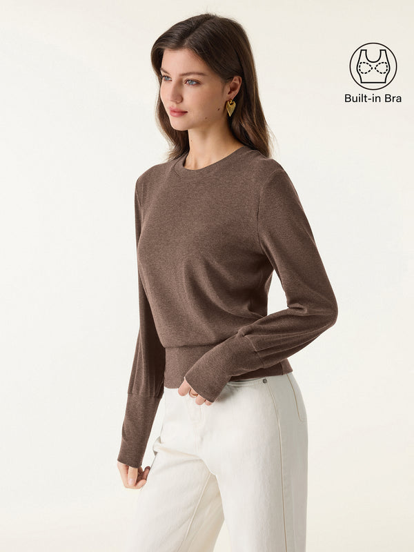 Elevated Crewneck Brushed Brami with Banded Hem Mocha XS