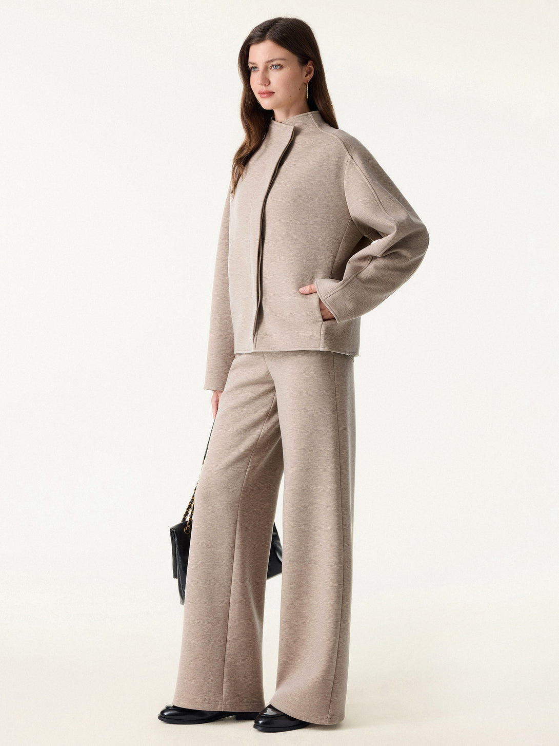 2Pcs Set Stand Collar Jacket & Double Waistband Straight Pants with Pockets