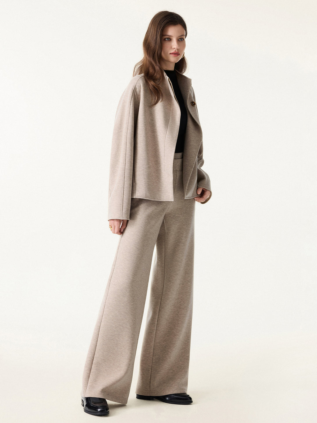 2Pcs Set Stand Collar Jacket & Double Waistband Straight Pants with Pockets