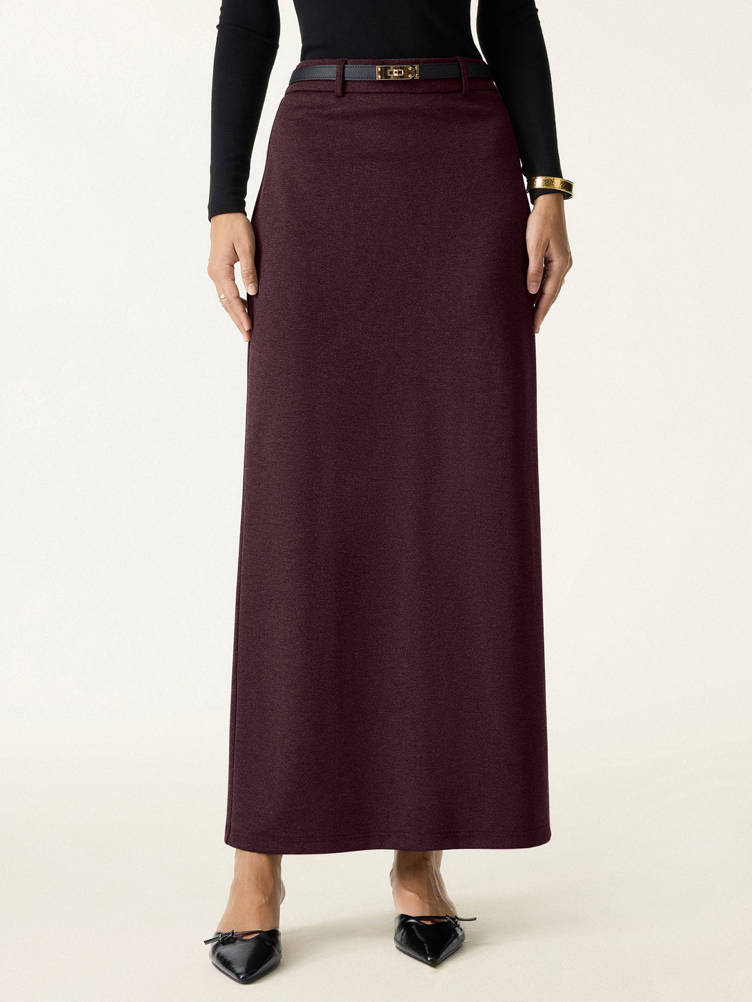 Stretchy Mid Rise Pencil Midi Skirt with Slit Dark Berry XS