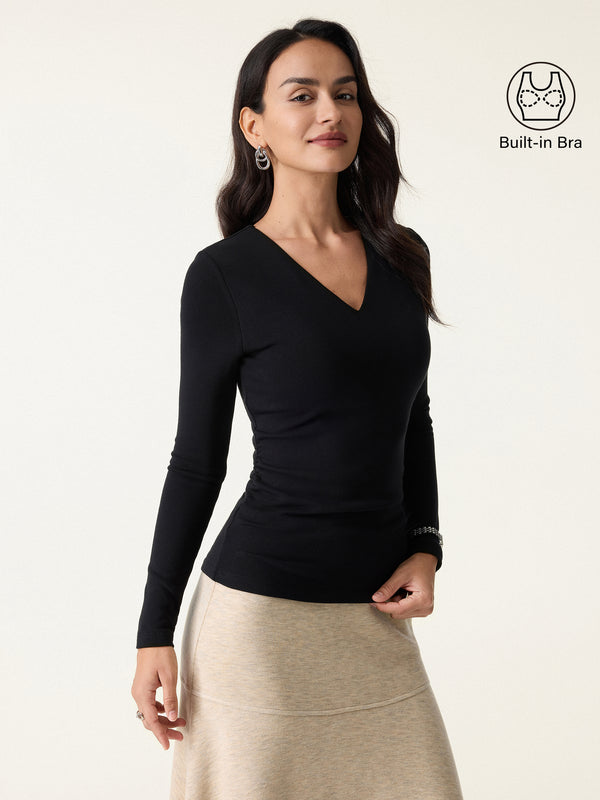 OGLmove V-Neck Long Sleeve Side-Tuck Bra Top Black XXS