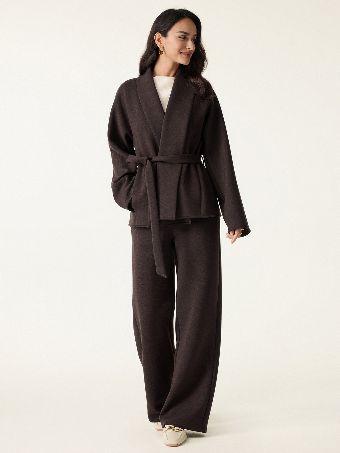 2Pcs Set Shawl Belted Outerwear & High Rise Straight Pull-on Pants with Pockets