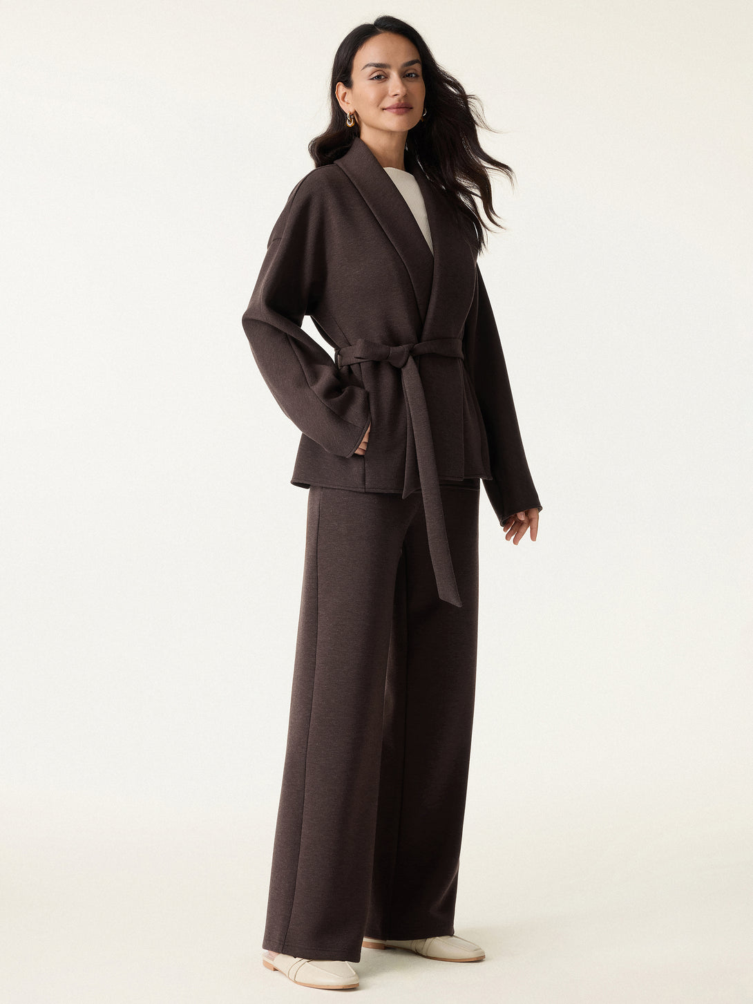 2Pcs Set Shawl Belted Outerwear & High Rise Straight Pull-on Pants with Pockets