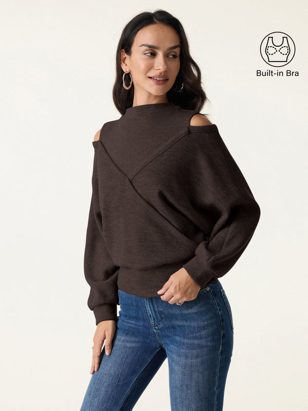 Cozy Mockneck Cutout Shoulder Surplice Brami Espresso Shut XS