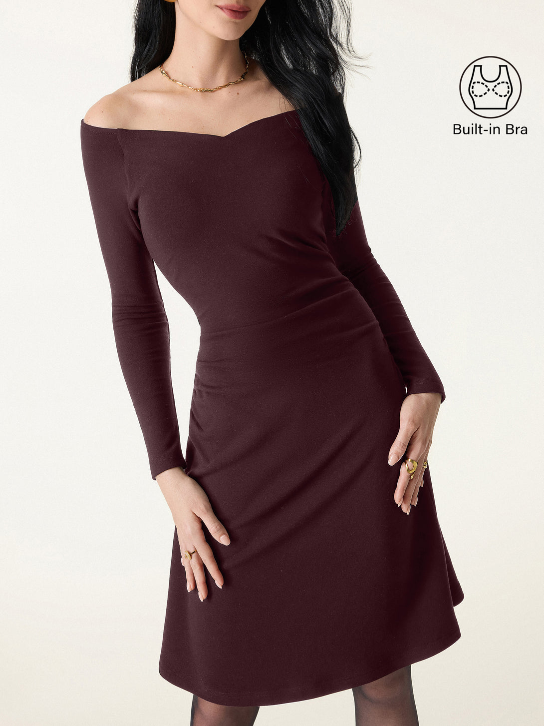 Non-Slip Classy Wide Neckline Ruched Mini Brami Dress Ruby Red XS