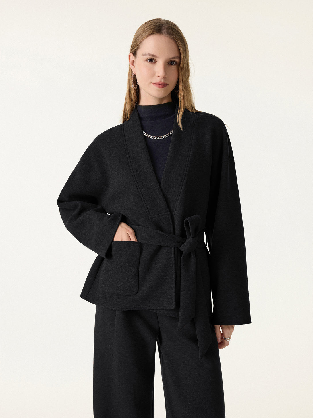 Belted Robe Style Coat with Pockets Black XS