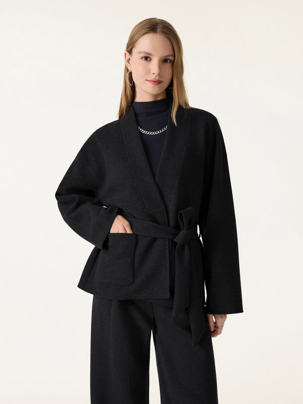 Belted Robe Style Coat with Pockets Black XS