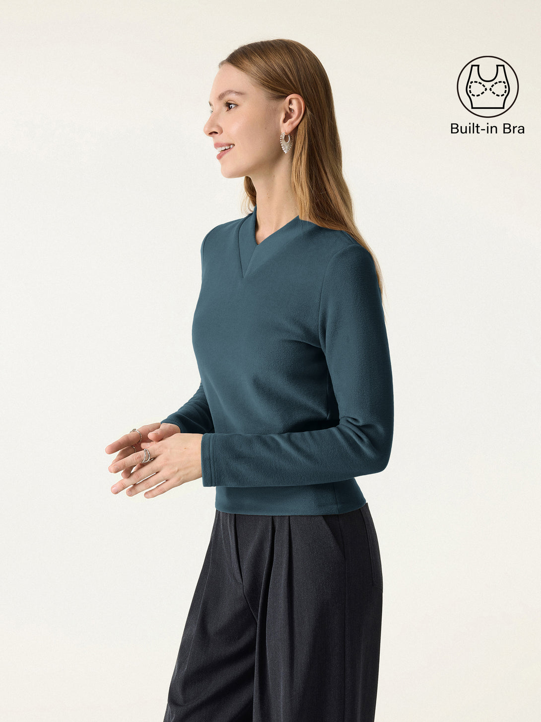 MaxWarm V-neck Long Sleeve Brami with Banded Hem Dark Pewter XS