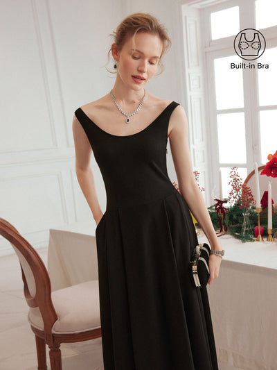 Balletic Scoop Neck Midi Brami Dress with Pockets Black XS