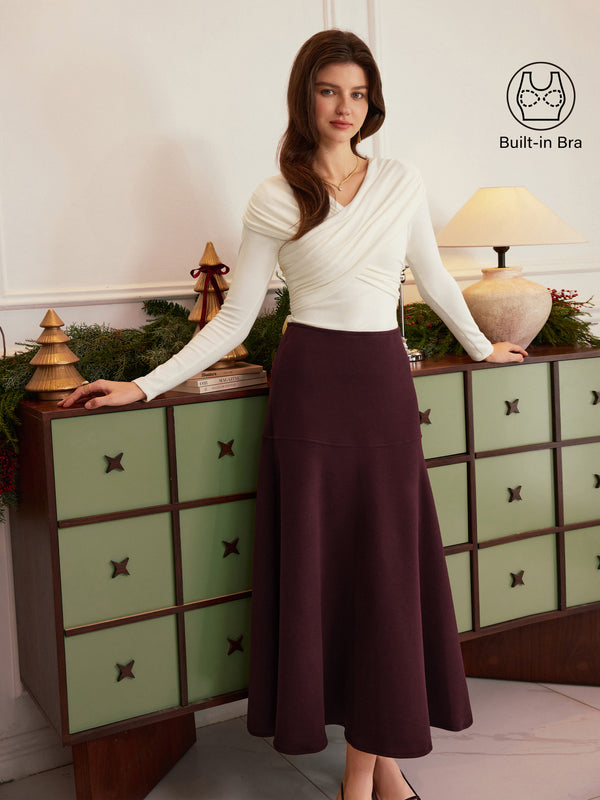 2Pcs Set Ruched V-Neck Surplice Brami & Cashmere-like Flared Maxi Skirt Off White/Ruby XS