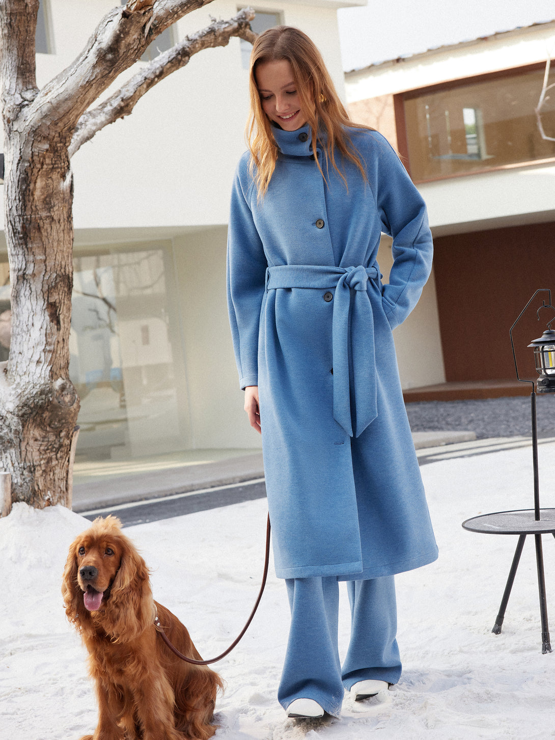 2Pcs Set FuzzLuxe Belted Tunnel Coat & Mid Rise Straight Leg Pull-on Pants Heather Rock Blue XS