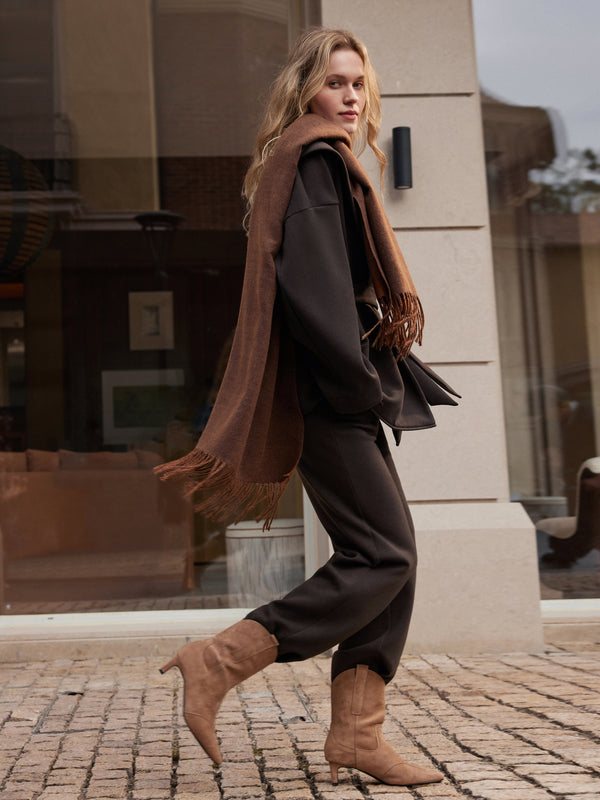 2Pcs Set Petite Straight Pants with Pockets & Belted Shawl Collar Robe Jacket