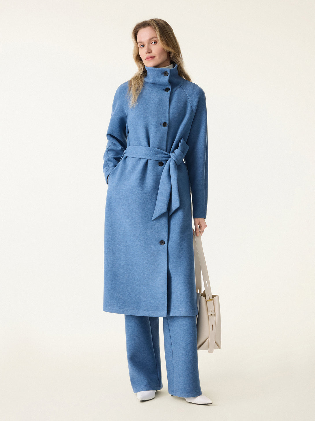 2Pcs Set FuzzLuxe Belted Tunnel Coat & Mid Rise Straight Leg Pull-on Pants