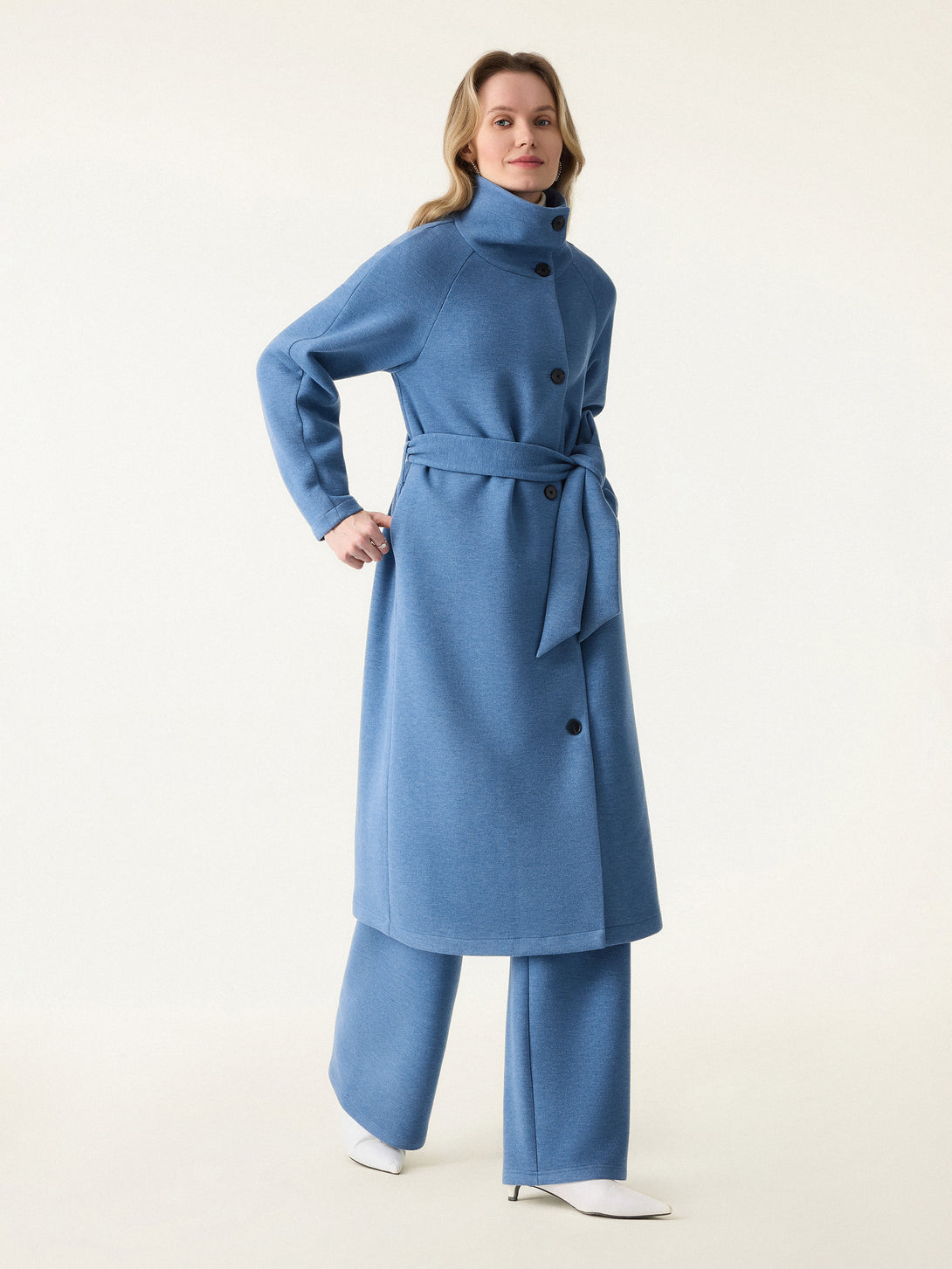 2Pcs Set FuzzLuxe Belted Tunnel Coat & Mid Rise Straight Leg Pull-on Pants