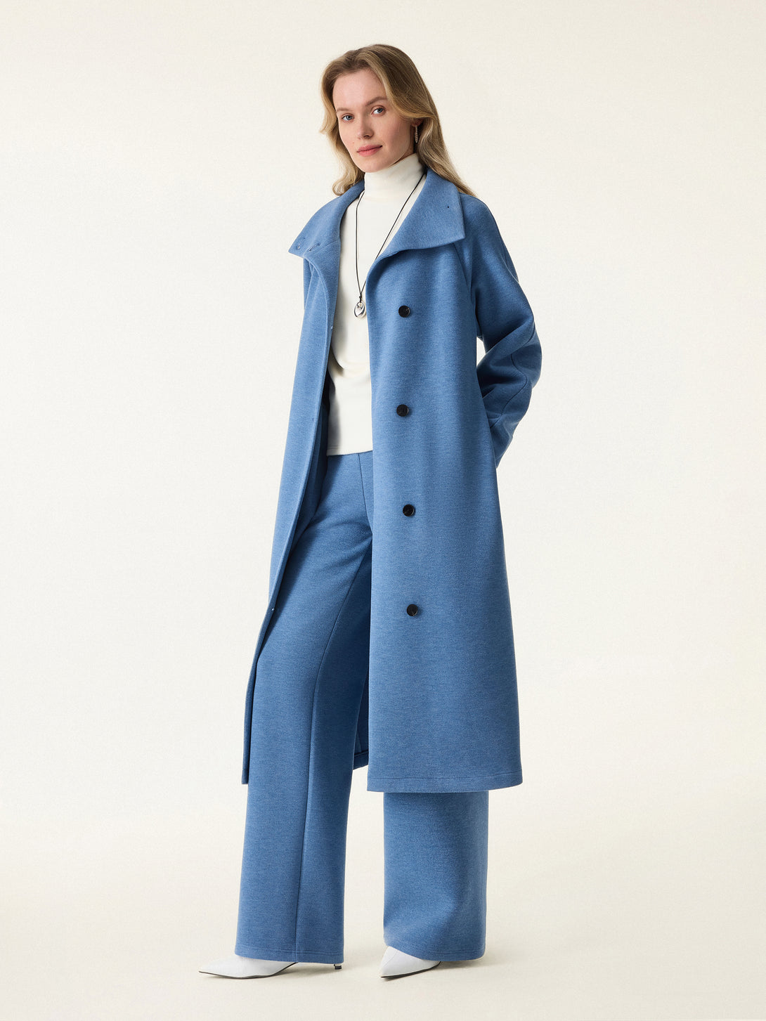 2Pcs Set FuzzLuxe Belted Tunnel Coat & Mid Rise Straight Leg Pull-on Pants